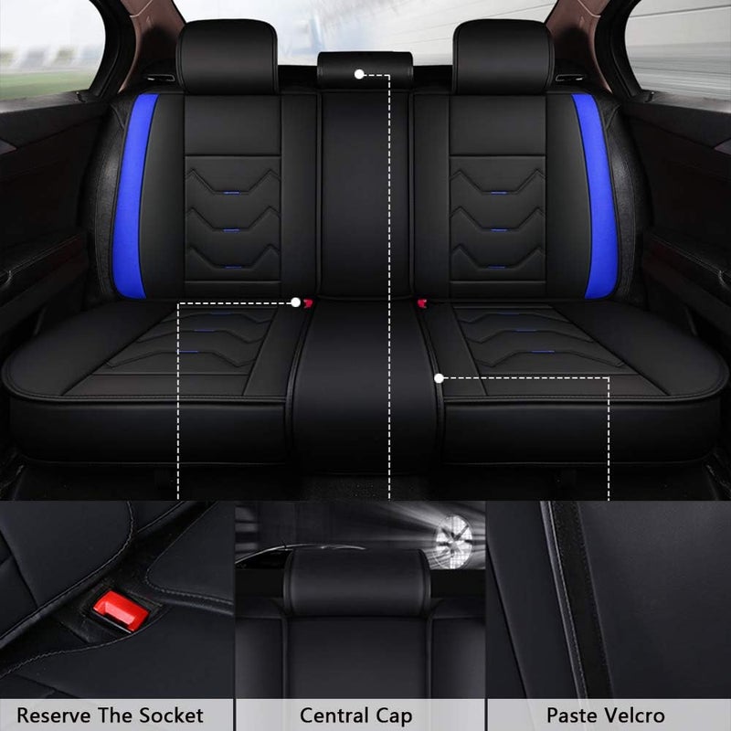 otoez Universal Leather Car Seat Covers 5 Seat Full Set Automotive Seat Protector Replacement Compatible with Most Honda Toyota Chevy Ford Vehicles, Trucks, SUVs(Blue+Black,with Pillows) - Image 4